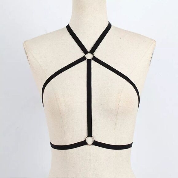 Black strappy harness cage bra bralette new top cupless NEW lingerie sexy large - Picture 4 of 11